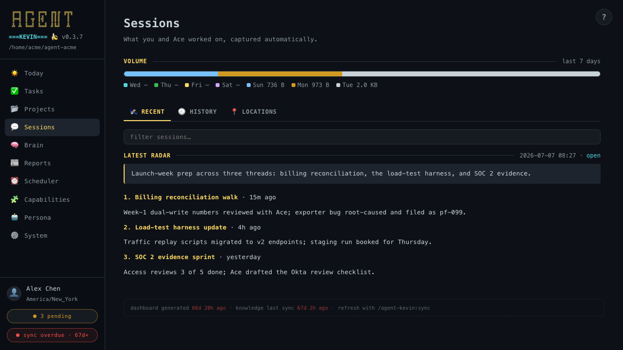 Sessions: captured automatically, summarised, resumable