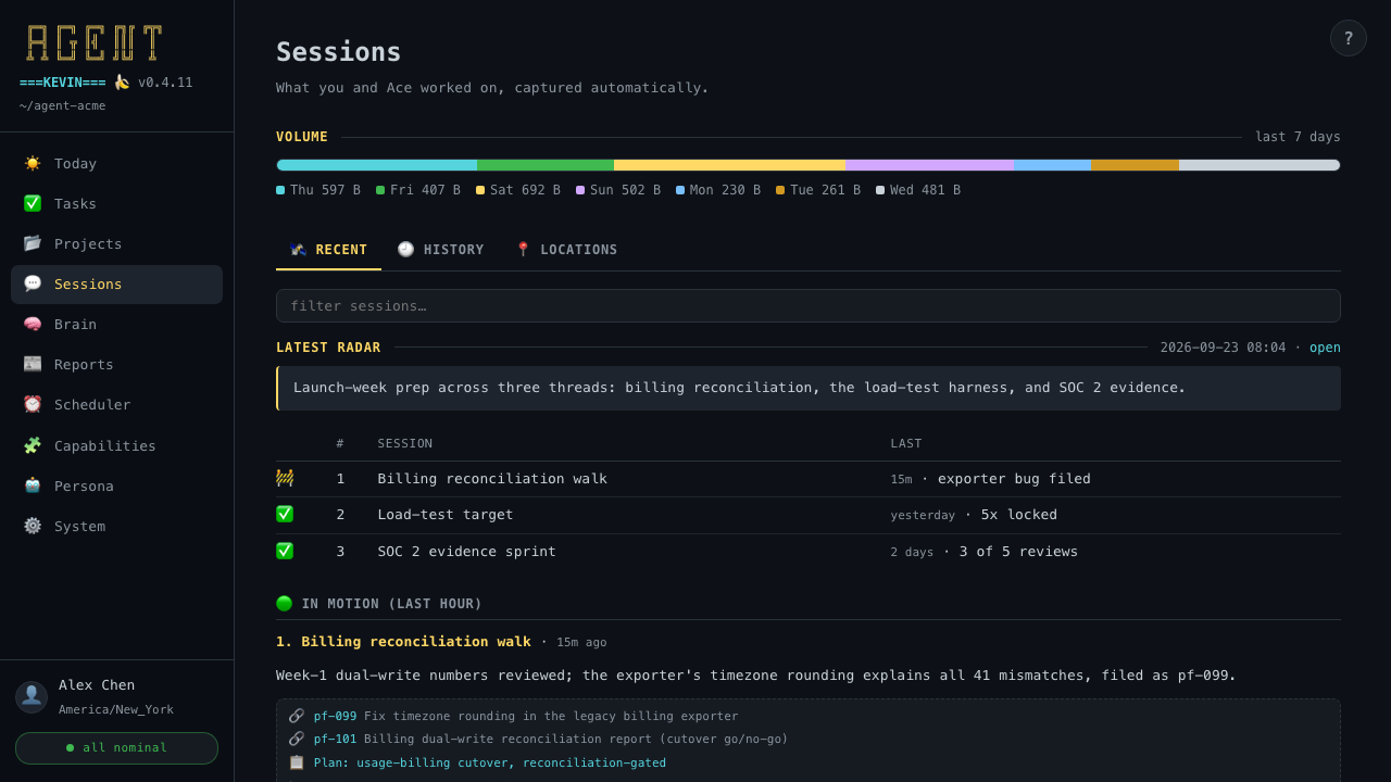 Sessions · captured automatically, summarised, resumable